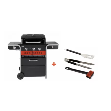 Pack + Barbecue Hybride Gaz & Charbon Gas2Coal 330 2.0 3 Brûleurs + Set D'ustensiles 3 Pack + Barbecue Hybride Gaz & Charbon Gas2Coal 330 2.0 3 Brûleurs + Set D'ustensiles